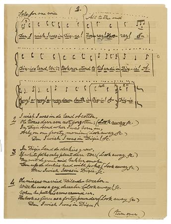 EMMETT, DANIEL D. Autograph Manuscript Inscribed and Signed, twice, to Dewitt Miller, fair copy of the complete music and lyrics for hi